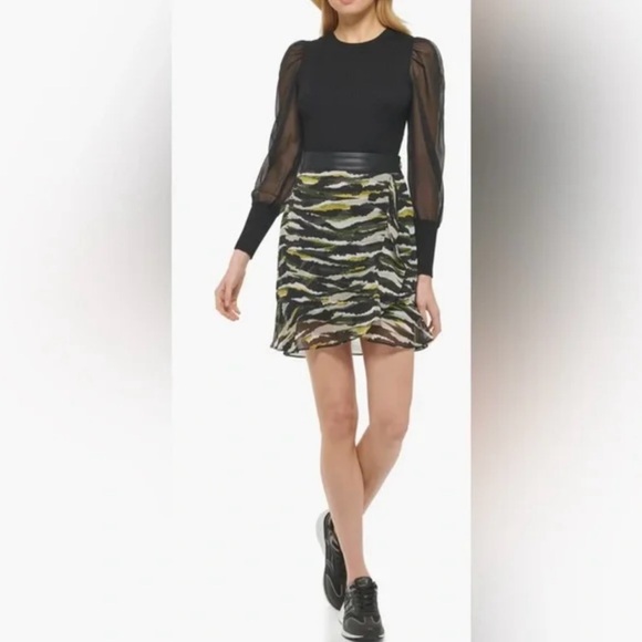 DKNY Abstract Animal Print Faux Leather Trim Wrap Ruffle‎ Chiffon Mini Skirt 10 - Picture 1 of 16